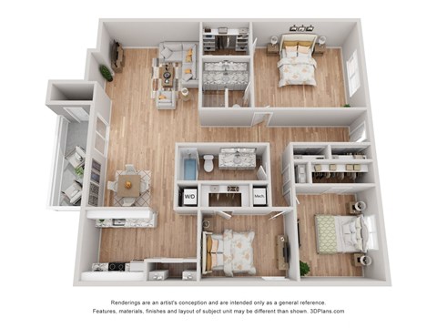 Floor plan for 3 beds, 2 baths, 1444 sqft